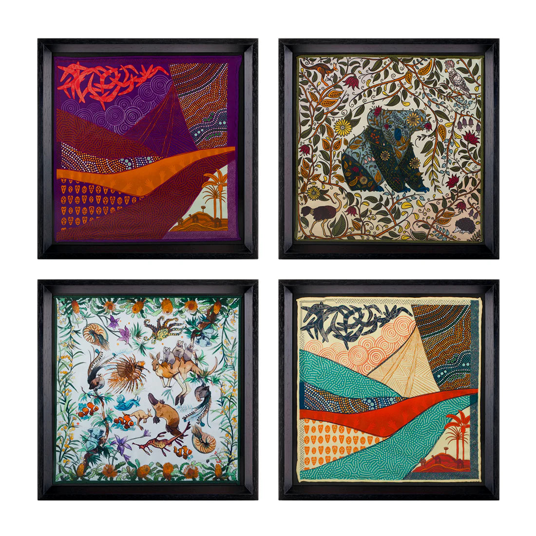 Set of 4 Australia Travel Black Framed Silk Scarf