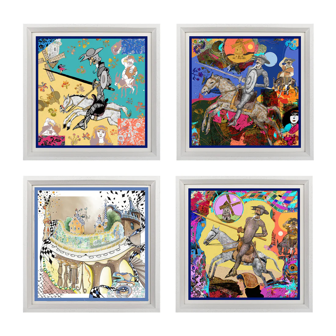 Set of 4 Don Quijote's Dream White Framed Silk Scarf
