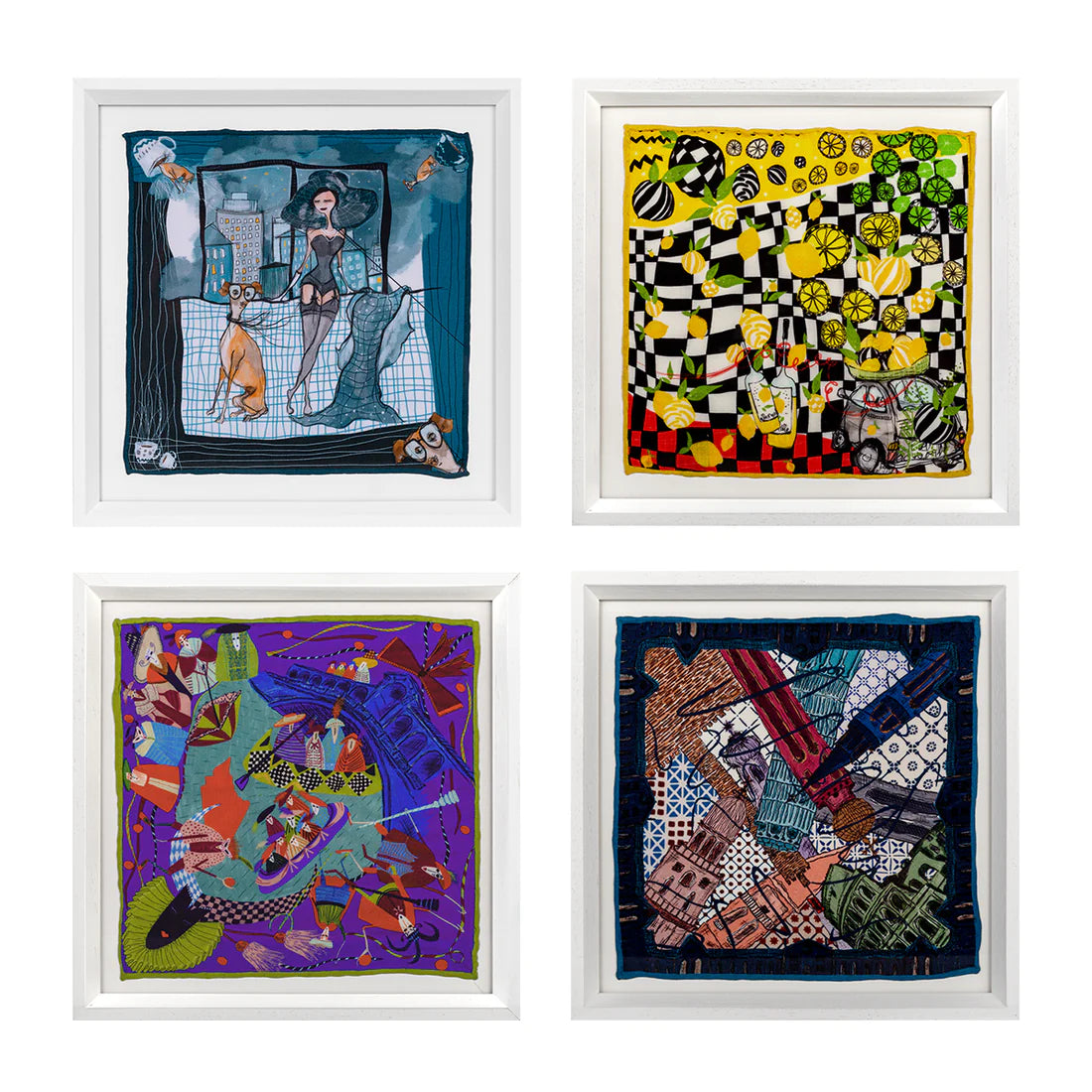 Set of 4 Italy Travel White Framed Silk Scarf