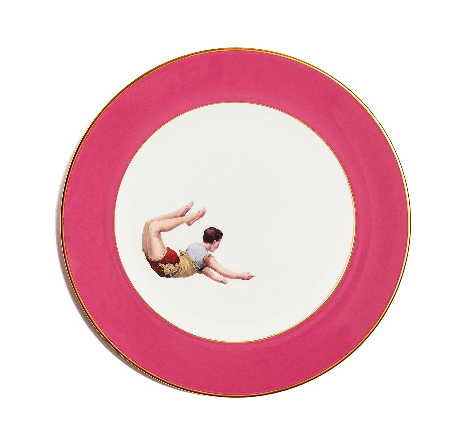 Set of 4 Trapeze Boy Raspberry 22kt Gold Dinner Plates