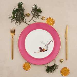 Set of 4 Trapeze Girl Raspberry 22kt Gold Dinner Plates